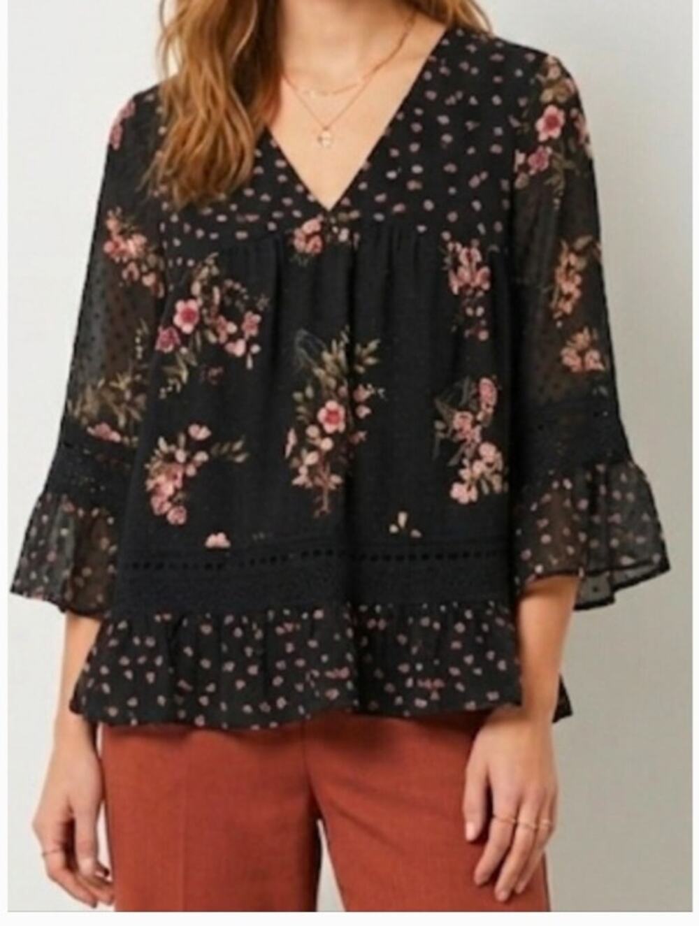 Anthropologie Maeve Floral Steffy Bell Sleeve Black Sz XS Boho Chic
